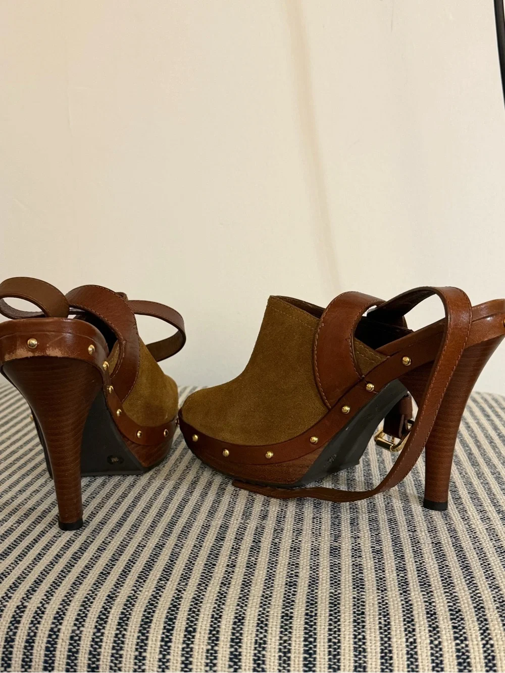 Tory Burch Brown Suede & Leather High Heel Clog Mules
